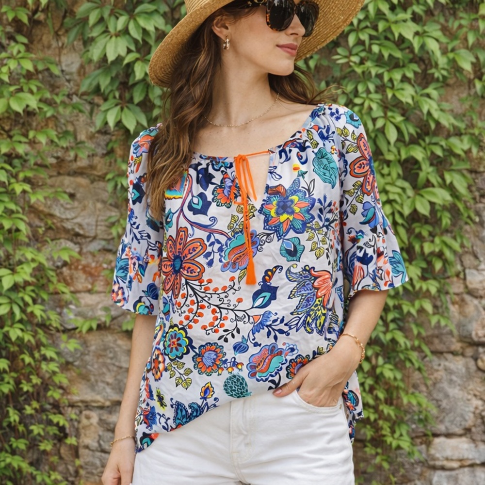 MILLY FOR DESIGN NATION Multicolor Floral Ruffle Sleeve Blouse, L